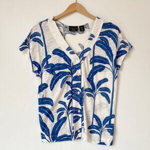 Tahari Womens S Blue White Leaf Print Linen Blend Short Sleeve Button Up Blouse